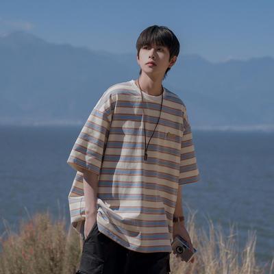 2023 Summer Men's Color Block Striped Loose Fit Short Sleeve T-shirt
