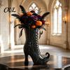 Mysterious Desktop Accent Gothic Witch Boot Vase, Halloween Table Centerpiece Black Spider Web Autumn Seasonal Display High Heel, Flower Holder