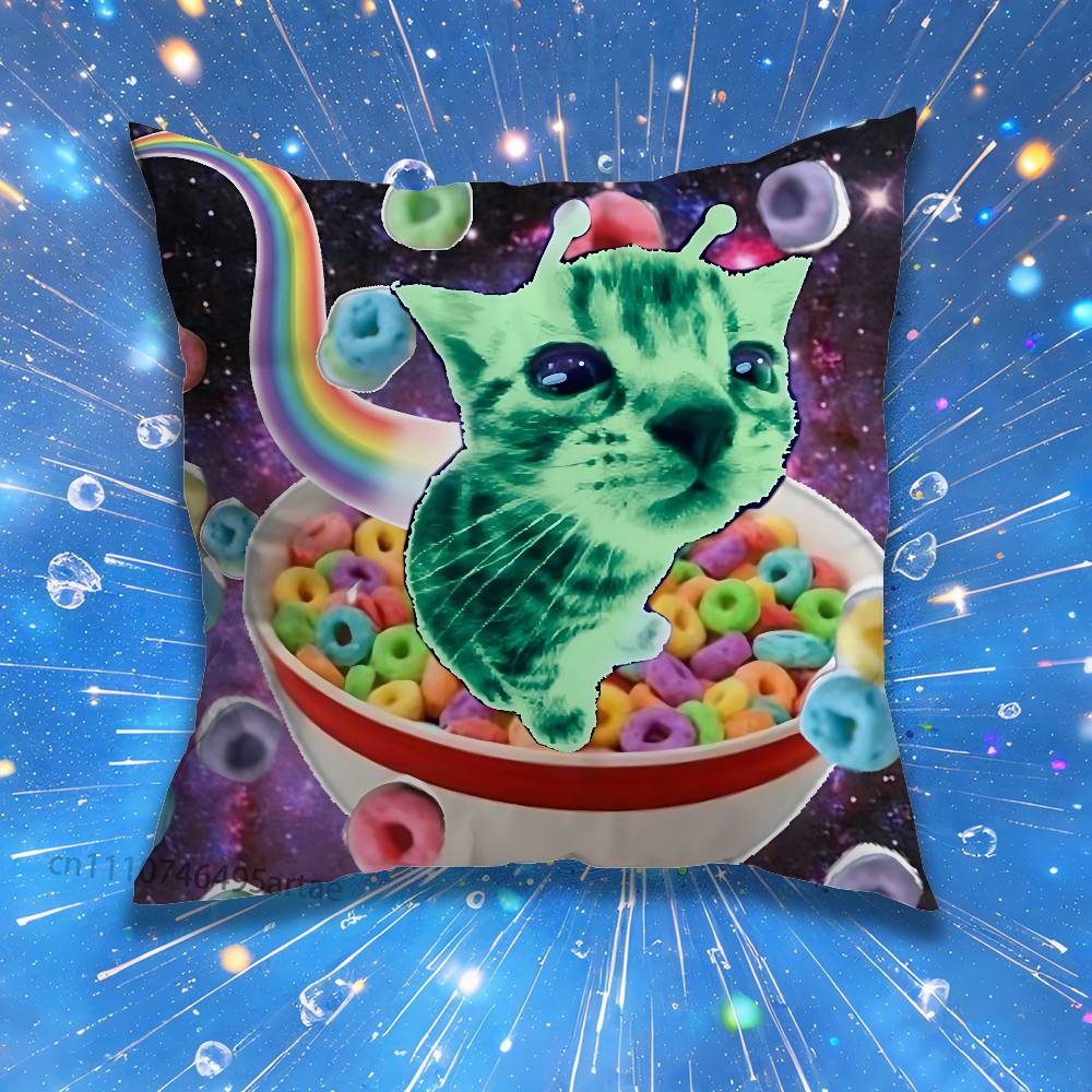 Cute Funny Rainbow Alien Cat Pillow for Sofa Seat Chair Decorative/Modern Home Decor Print Throw Cushion