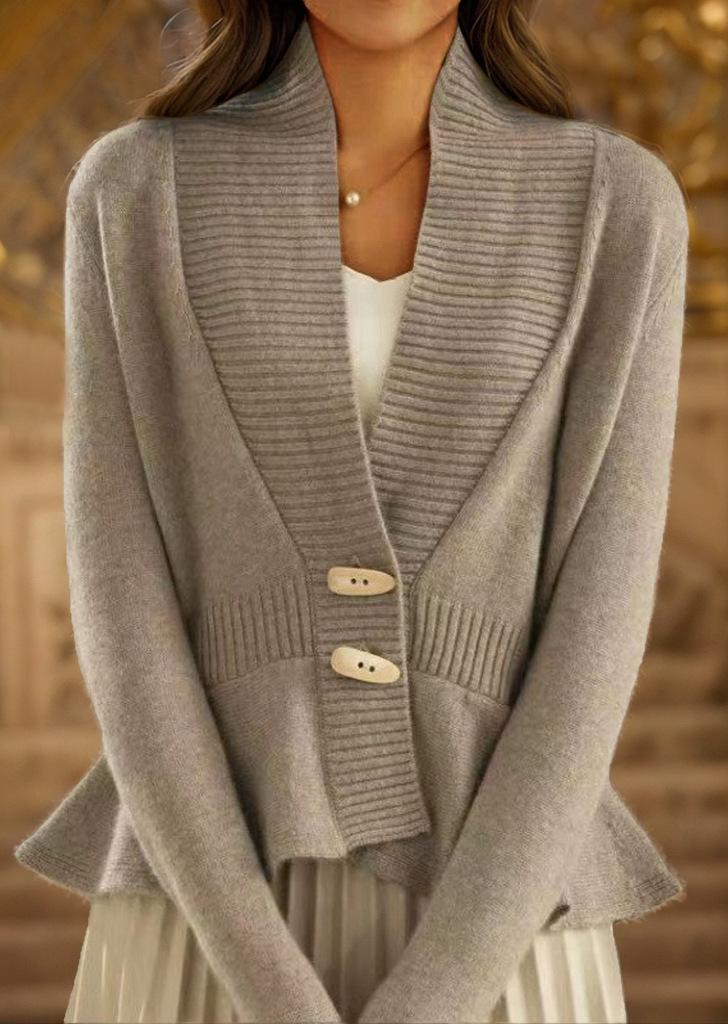 2024 Autumn/Winter Women's Retro Knit V-Neck Cardigan with Ruffle Hem