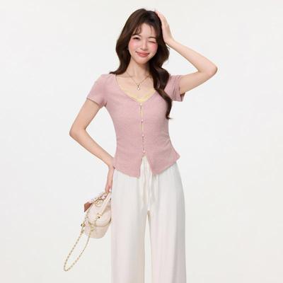 Korean Style Color Block Lace T-Shirt - Women's Slim Fit, Fake Two-Piece Design, Spring Collection