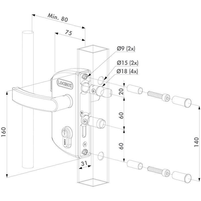 LOCINOX Blanc LAKZ P1 Serrure économique pour portillon de jardin avec coffre en polyamide et mécanisme en acier inoxydable.
