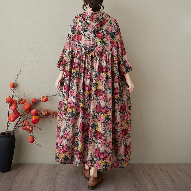 Summer  Vintage Floral Maxi Dress Women Plus Size Casual Loose Long Hooded Pleated Basic Dress