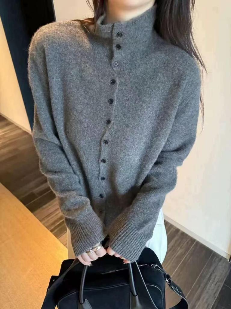 Women's High-Neck Wool Cardigan - Korean Style Single-Breasted Knit for Autumn/Winter