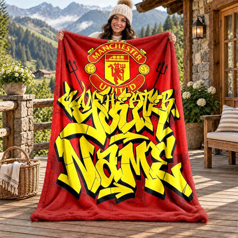FC Manchester Custom Name Flannel Blanket Personalized Soft Warm Plush Throw Blanket Customized Gift for Family Friends