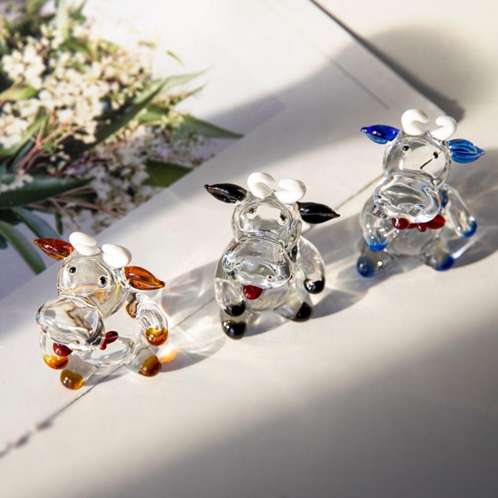 Cartoon Crystal Cow Ornament Small Animal Figurine Creative Glass Cow Miniature Kids Gift