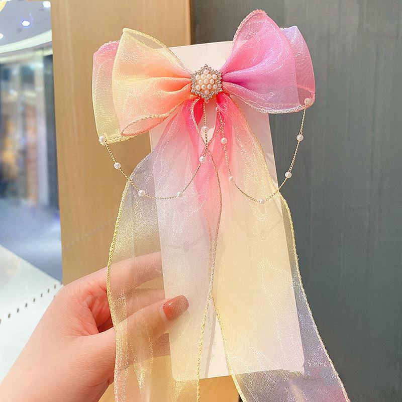 Baby Girls Cute Elegant Mesh Bow Ribbon Clips with Faux Pearl Tassel Decoration Hair Accessories for Party Performance