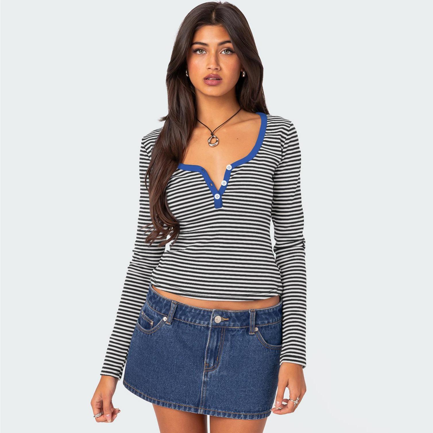 

GMXIA Color Contrast Striped Knitwear Women s Summer Top Button Slim Shoulder T-shirt Pure Cotton XL