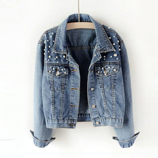 Women Denim Jacket Solid Color Single-breasted Short Breathable Keep Warm Beads Decor
