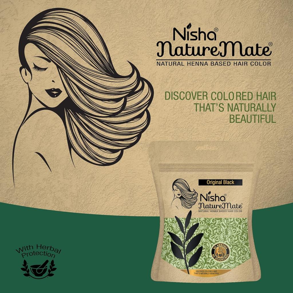 Nisha Nature Mate Henna Haarfarbe für Männer Frauen 45g Packung mit 3 Naturschwarz Langanhaltender Glanz