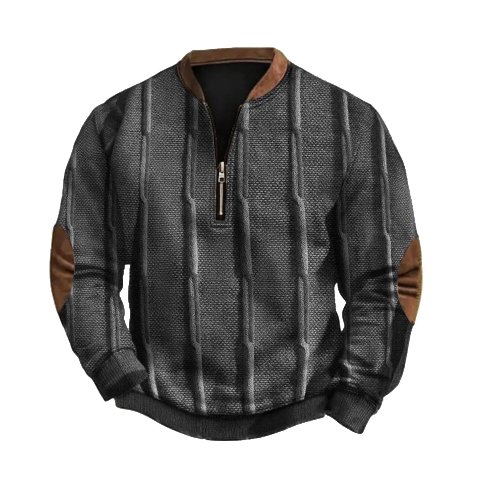 Men’s Long Sleeve Pullover Sweatshirt with Half Zip Stand Collar and Tree Print Casual Loose Fit Top M