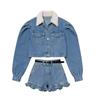Hong Kong Style Temperament Old Polished White Washed Plush Splicing Denim Jacket Thin Lace Splicing Shorts Two-piece Set