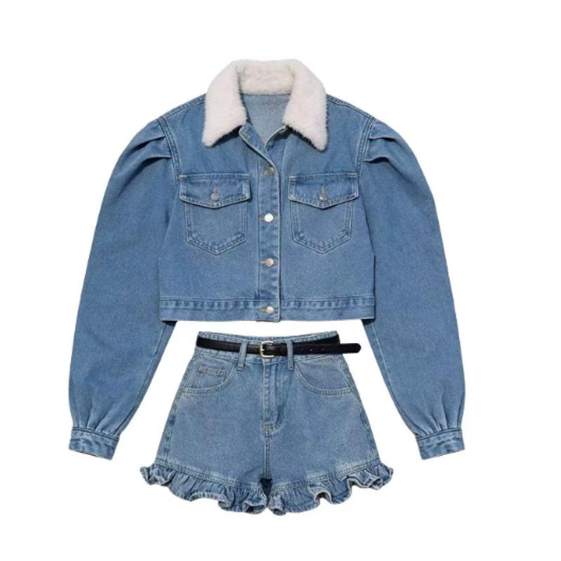 Hong Kong Style Temperament Old Polished White Washed Plush Splicing Denim Jacket Thin Lace Splicing Shorts Two-piece Set