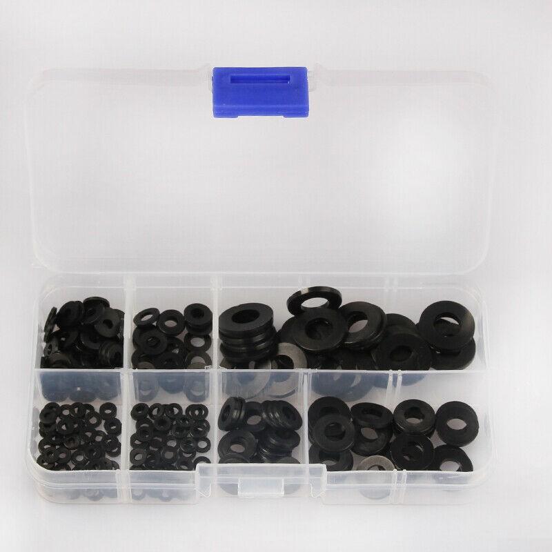 250pcs Washer Gasket Set Black Nylon Rubber Flat Repair Assortment Kit