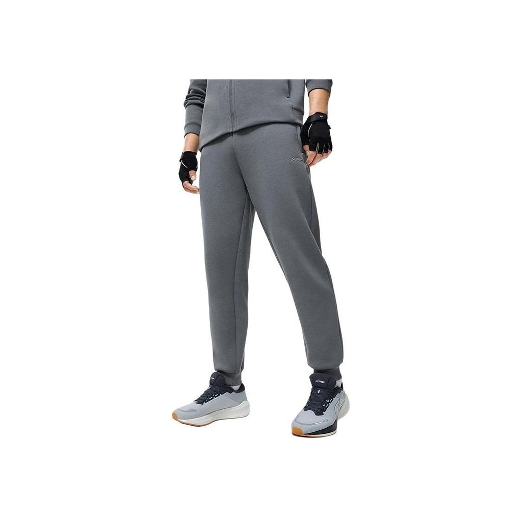Li Ning Fitness Series Logo Mid-Waist Solid Color Comfortable Soft Cuffed Knitted Sports Pants Men Pants Shadow-Gray AKLU127-3