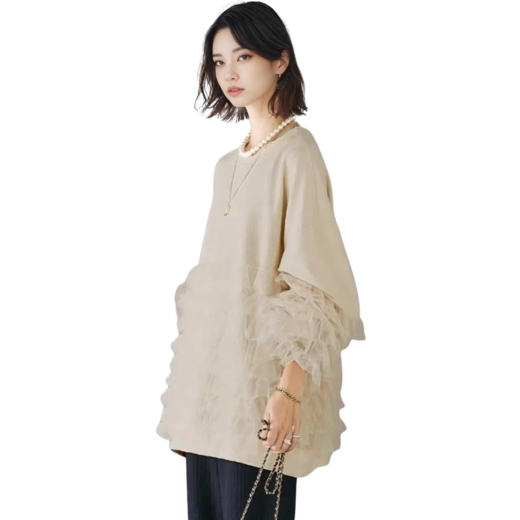 Tulle Frill Pullover Tunic Round Voluminous Ivory Limited Stock J-Scott Women's Sweatshirt, Length, Neck, Sleeves, (JS158-IV-S) -
