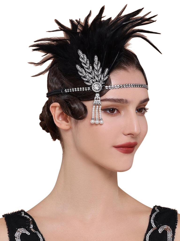 1920s Feather Headband with Rhinestones: Bachelorette Party & Masquerade Accessory