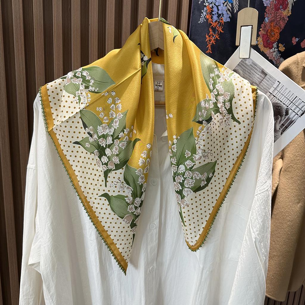 Silk double crepe 71 square scarf yellow flower picture summer thin sunscreen shawl women's exquisite lace mulberry silk scarf