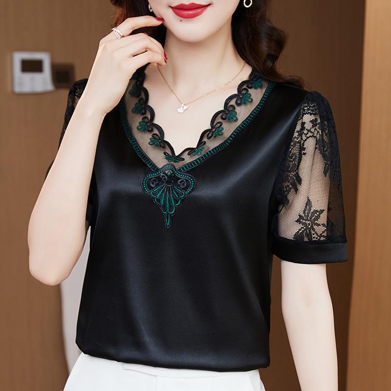 

Женская большая эластичная атласная шифоновая рубашка с кружевной отделкой – с коротким рукавом, модный топ весна 2023 XL зелёный/чёрный