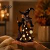 Rustic Festive Desk Accessory Halloween Witch Figurine with Star Light, Resin Tabletop Nightlight Lantern, Collectible Wizard Hat Broom Statue