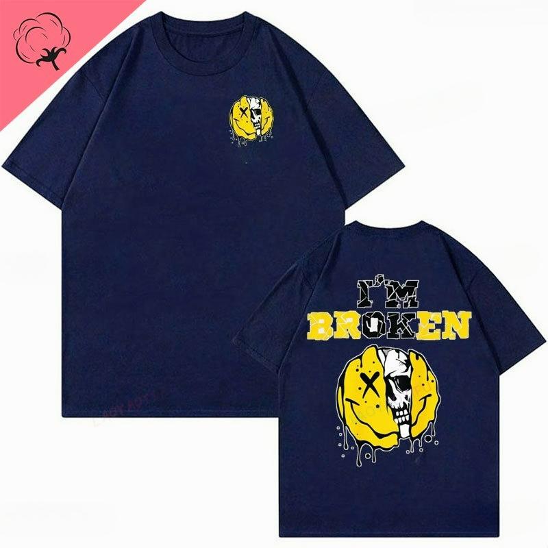 High Quality Vintage Im Broken Skull 2 Sides Invisible Disease I'm OK Broken Men's Alphabet Printed Cotton Unisex T-Shirt