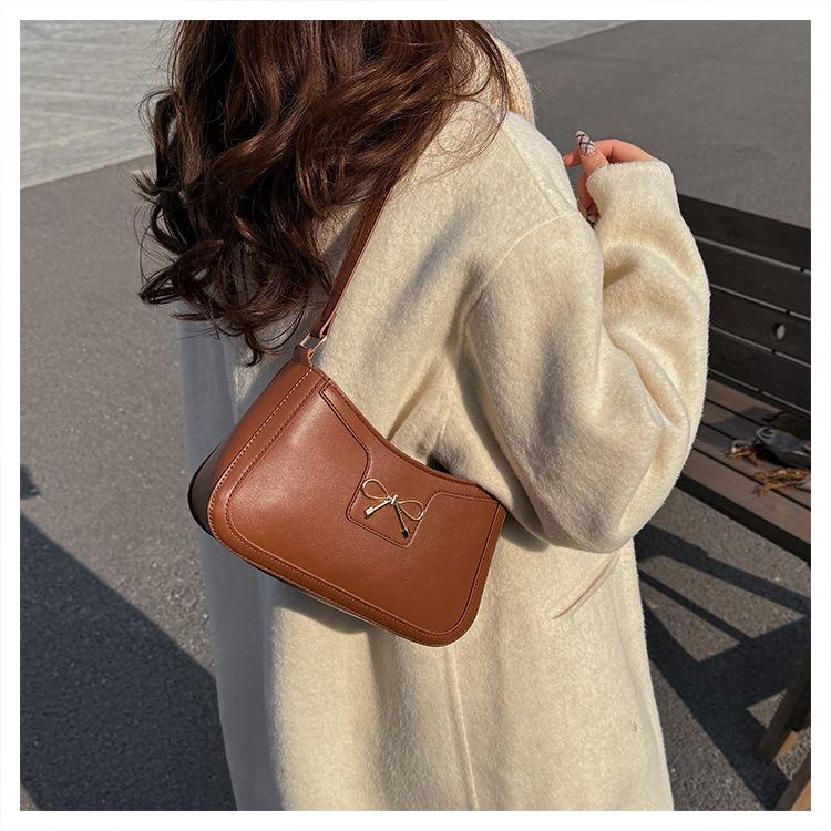 Women's Faux Leather Bowknot Shoulder Bag, Zipper Closure Simple Commuter Crossbody Purse, Ins Style Fashion Handbag