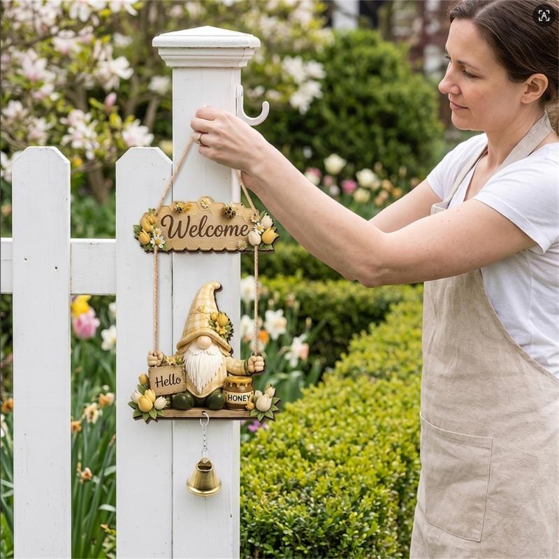 Farmhouse Outdoor Welcome Sign, Entryway 2D Wooden Hanging Gnomes Bells for Garden Porch Gate Decors, Holiday Housewarmings Gift