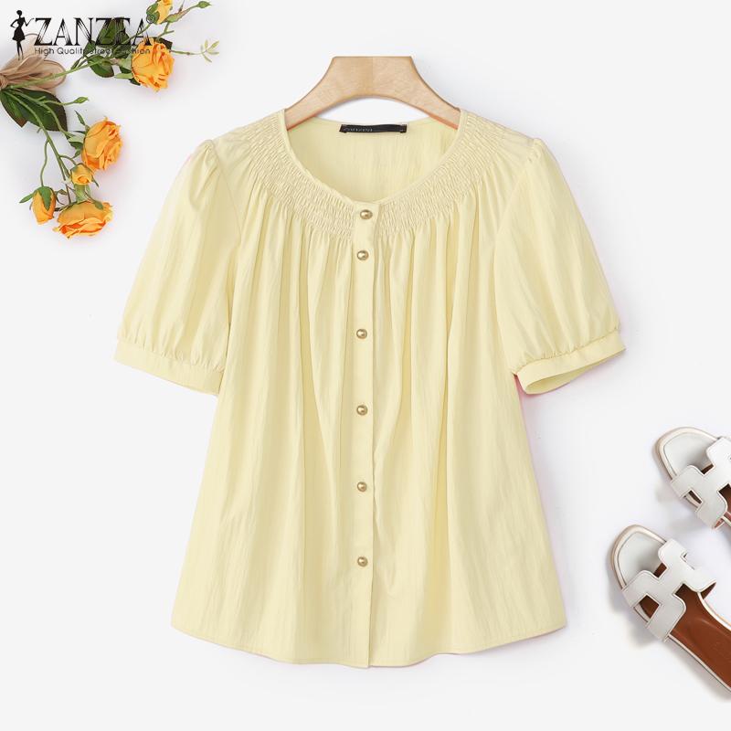 

ZANZEA Летняя женская блузка с короткими рукавами-буфами, однотонная, повседневная, с оборками M абрикосовый