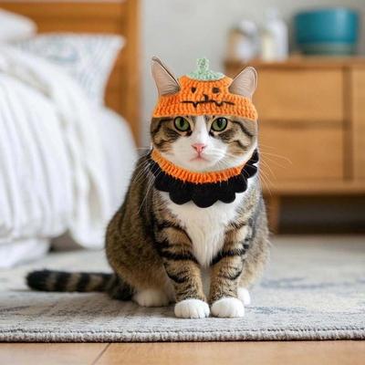 Langlebige atmungsaktive Halloween Haustierkostüme Kleidung Kürbis Halloween Katzen Kopfbedeckung Cartoon Geist Katze Gewebte Mütze Lätzchen Fotos Requisiten