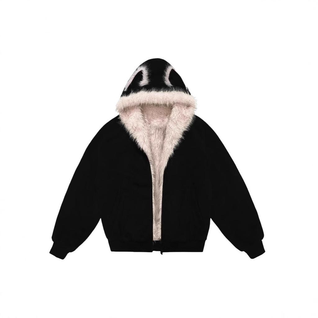American vintage mountain carving jacket for women, autumn/winter hooded fur collar short jacket, thickened fluffy hot girl jacket, street style