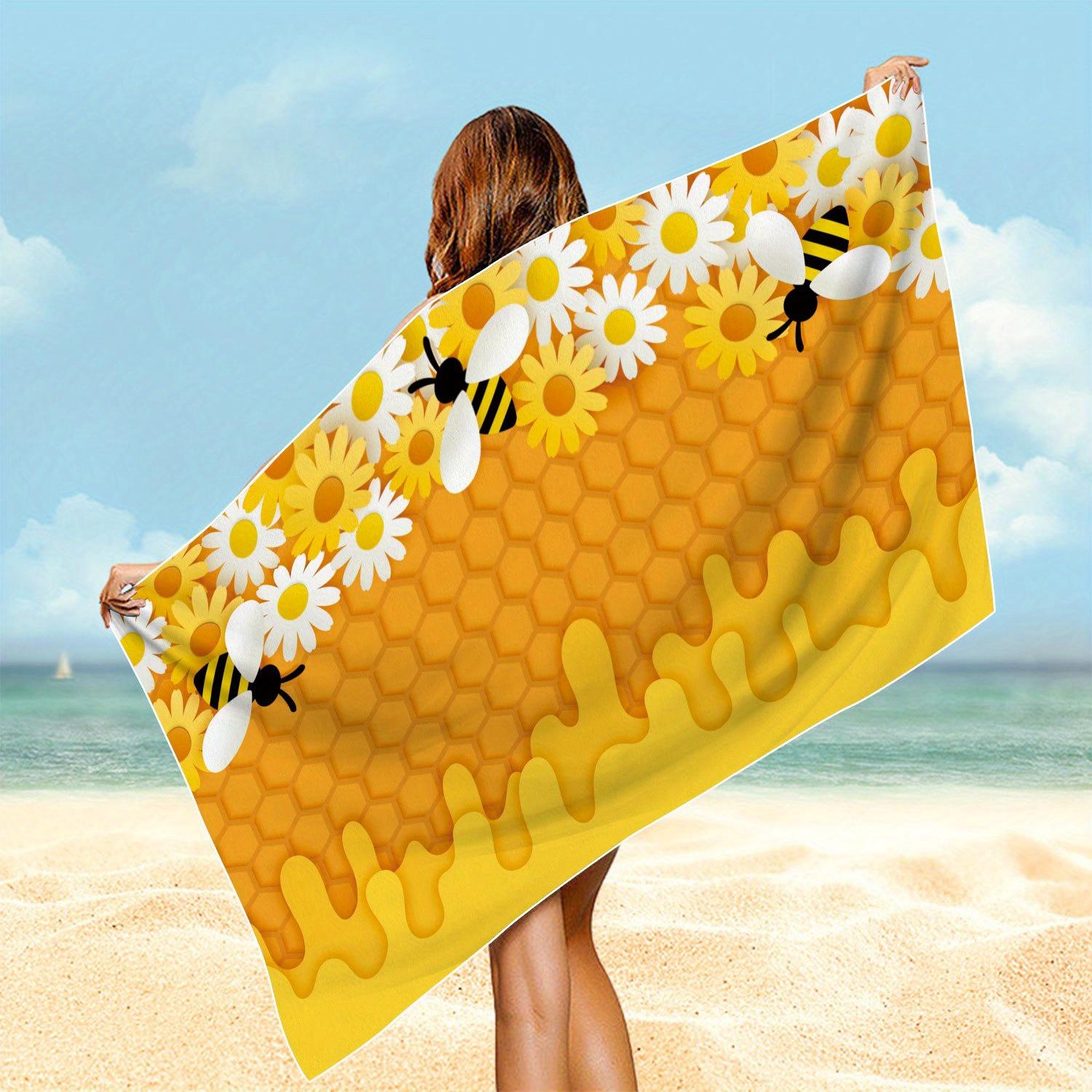 Lang Pattong White Honeycomb Bee Daisy Beach Towel Single Sided 2D Print Soft Microfiber Beach Towel Pool Beach Vacation Accessory Sunny Vibe Gift