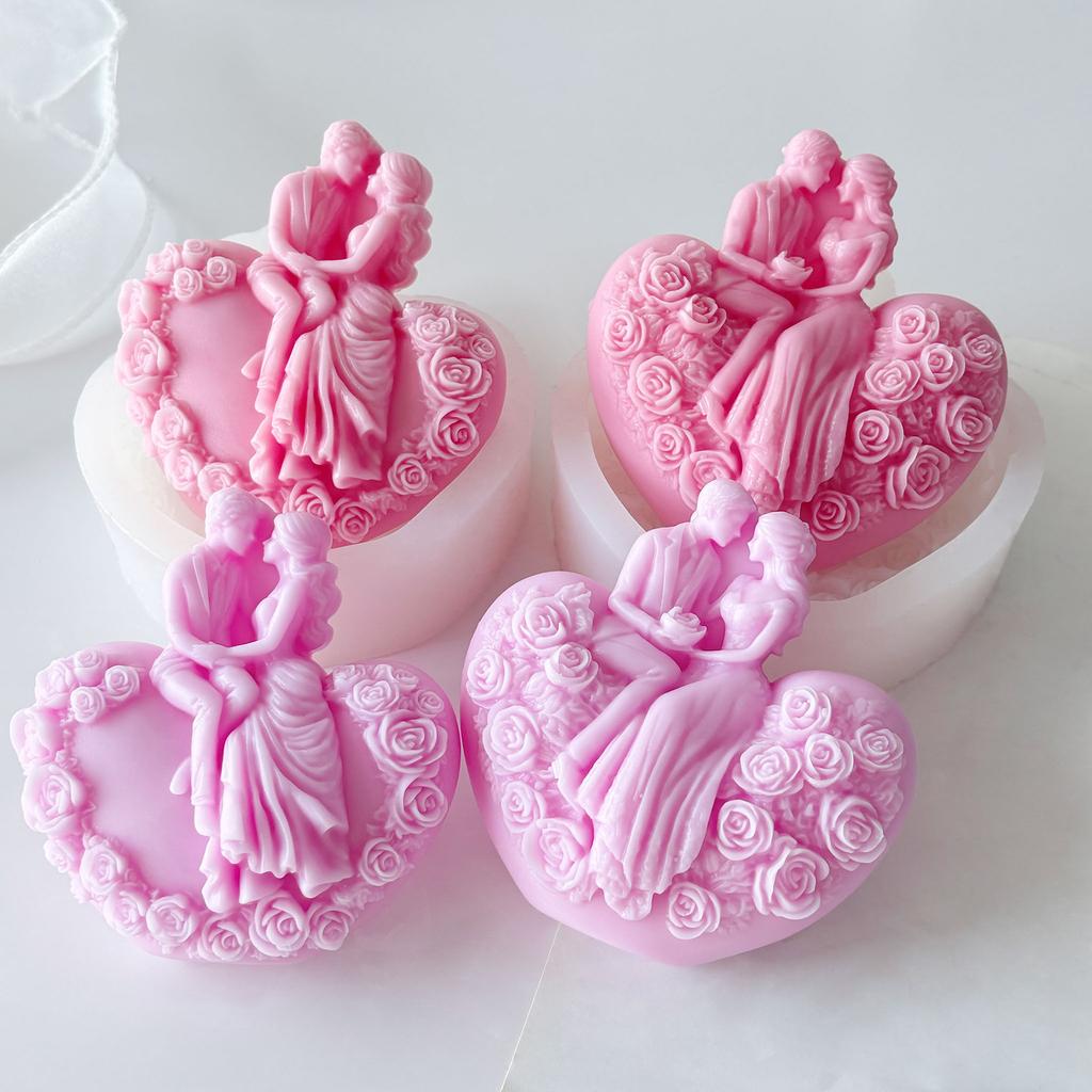 DIY Love Couples Valentine's Day Rose Silicone Mold Handmade Scented Candle Plaster Form Mold Wedding Candle Making Molds
