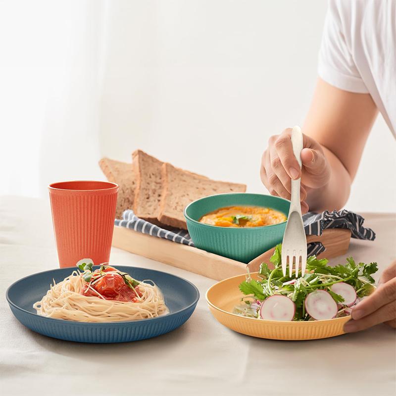 12Pcs Colourful Wheat Straw Dinnerware Sets Reusable Wheat Straw Plates and Bowls Sets Kitchen Unbreakable Dinnerware Sets