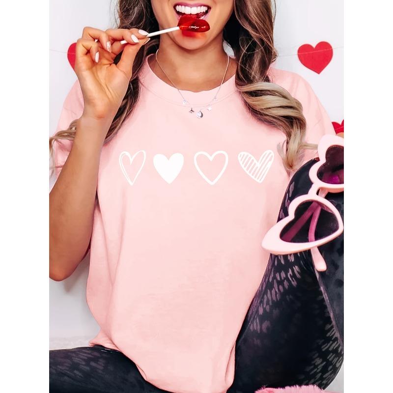 European Size Women's Short Sleeve Blouse, Minimalist Love Print, Soft Stretch Crew Neck, Breathable Casual Top, S-XXL