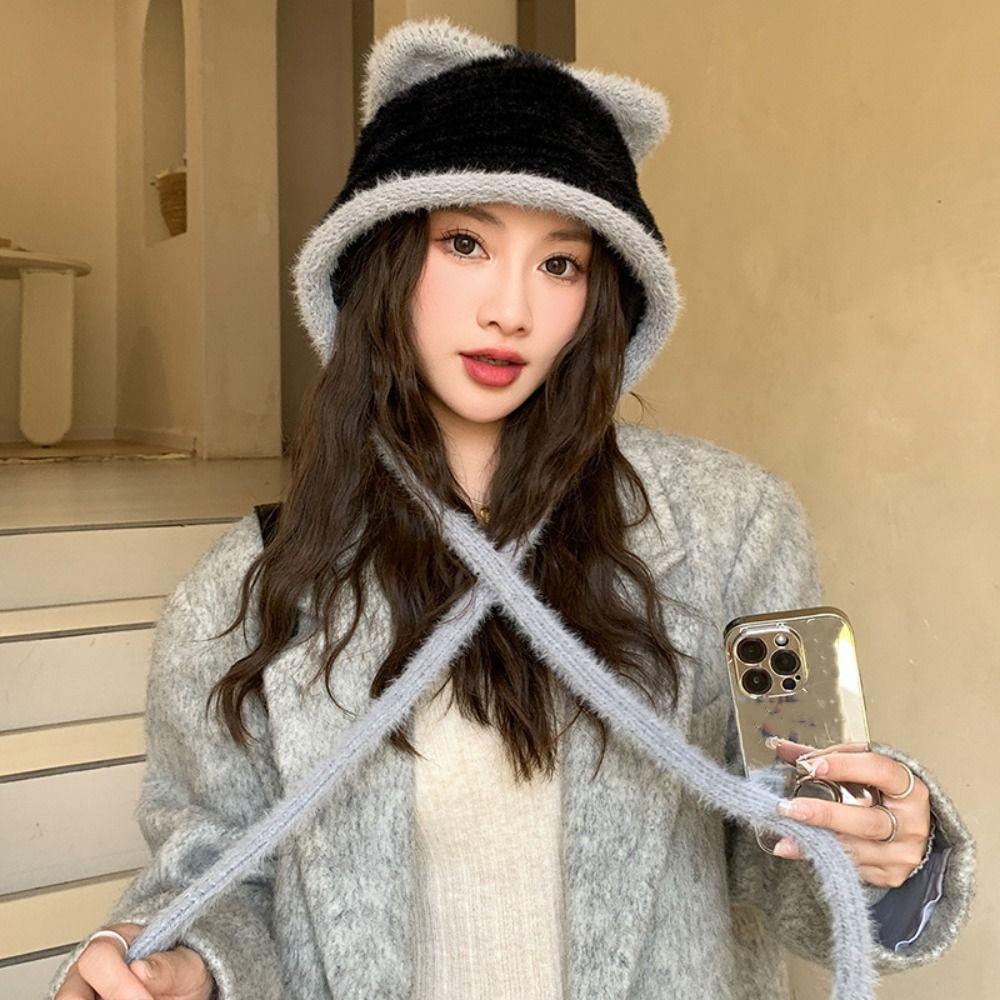 Plush Faux Fur Bucket Hat Korean Style Women Fluffy Hats Fashion Cute Cat Ear Hat  Girls