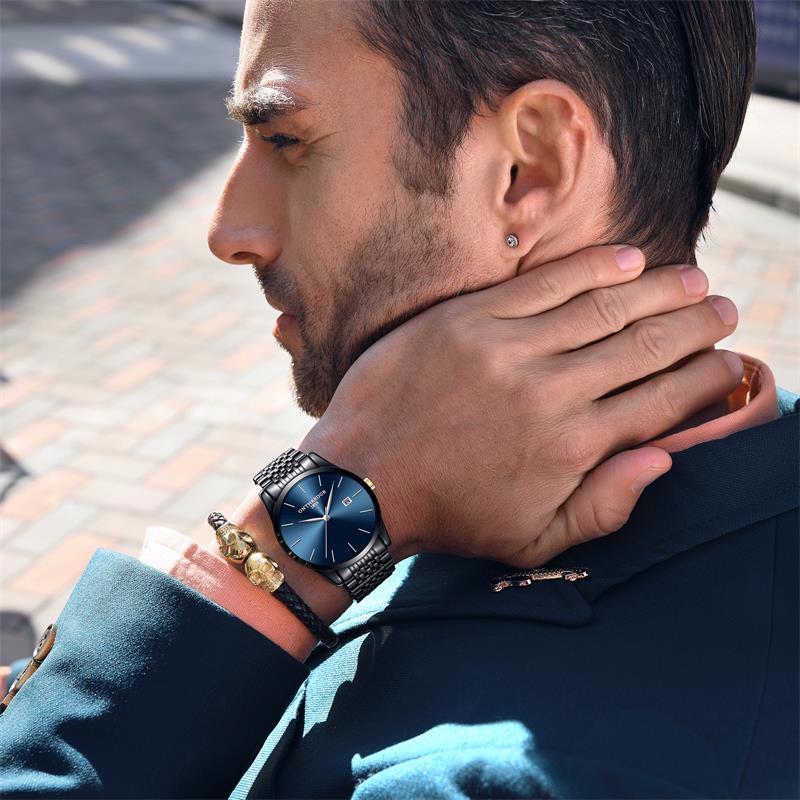 Men's Hong Kong-Style Ultra-Thin Quartz Wristwatch with Steel Band and Calendar