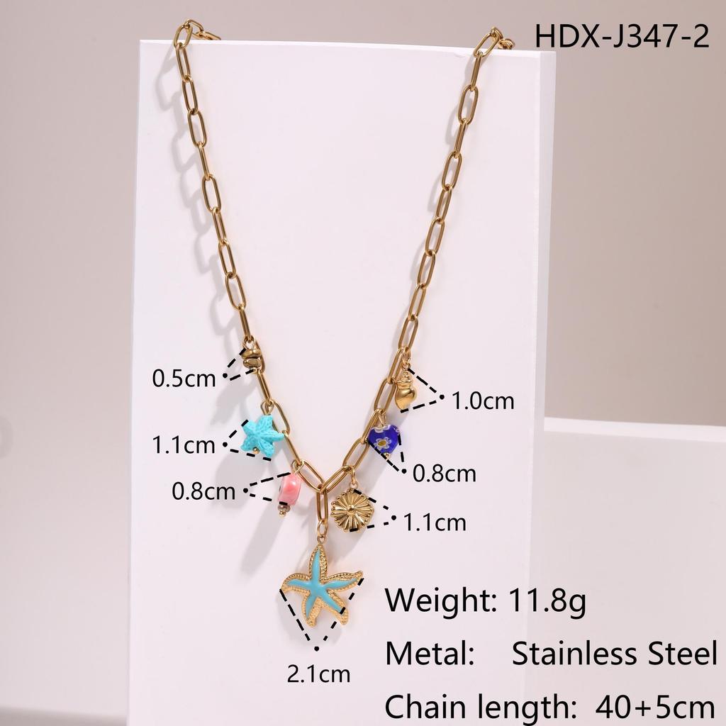 Starfish Flower Pendant Necklace with Pearl Shell on Stainless Steel Clavicle Chain