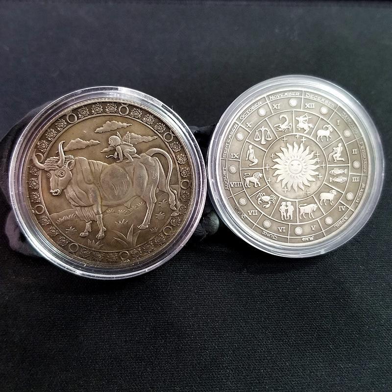 Antique Iron Box of European and American Silver Zodiac Coins