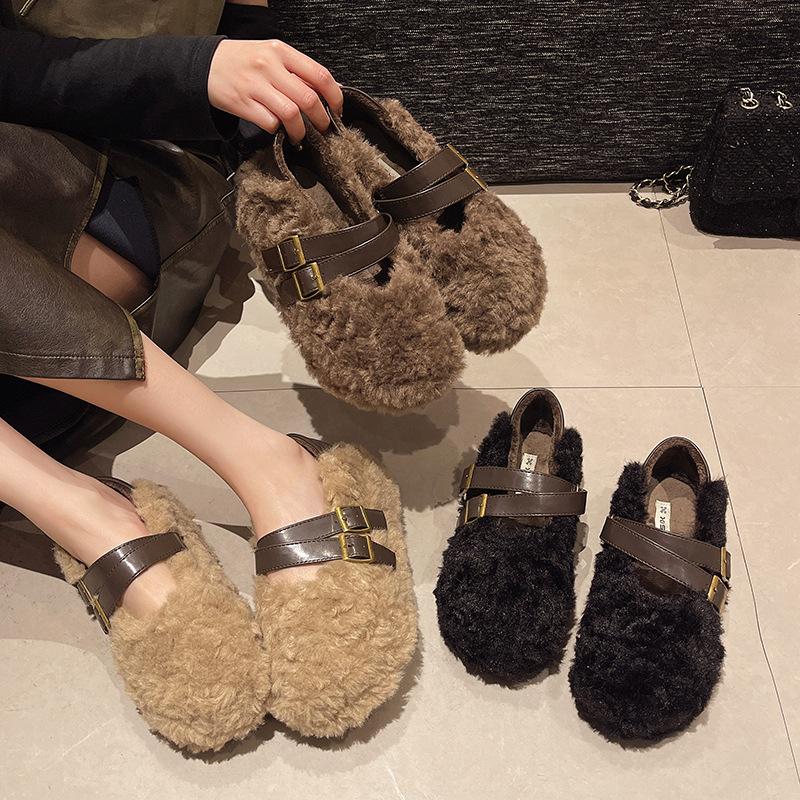 Mary Jane fluffy shoes women's autumn and winter wear 2025 new flat-soled soft-soled lamb wool bean shoes with fleece floating shoes