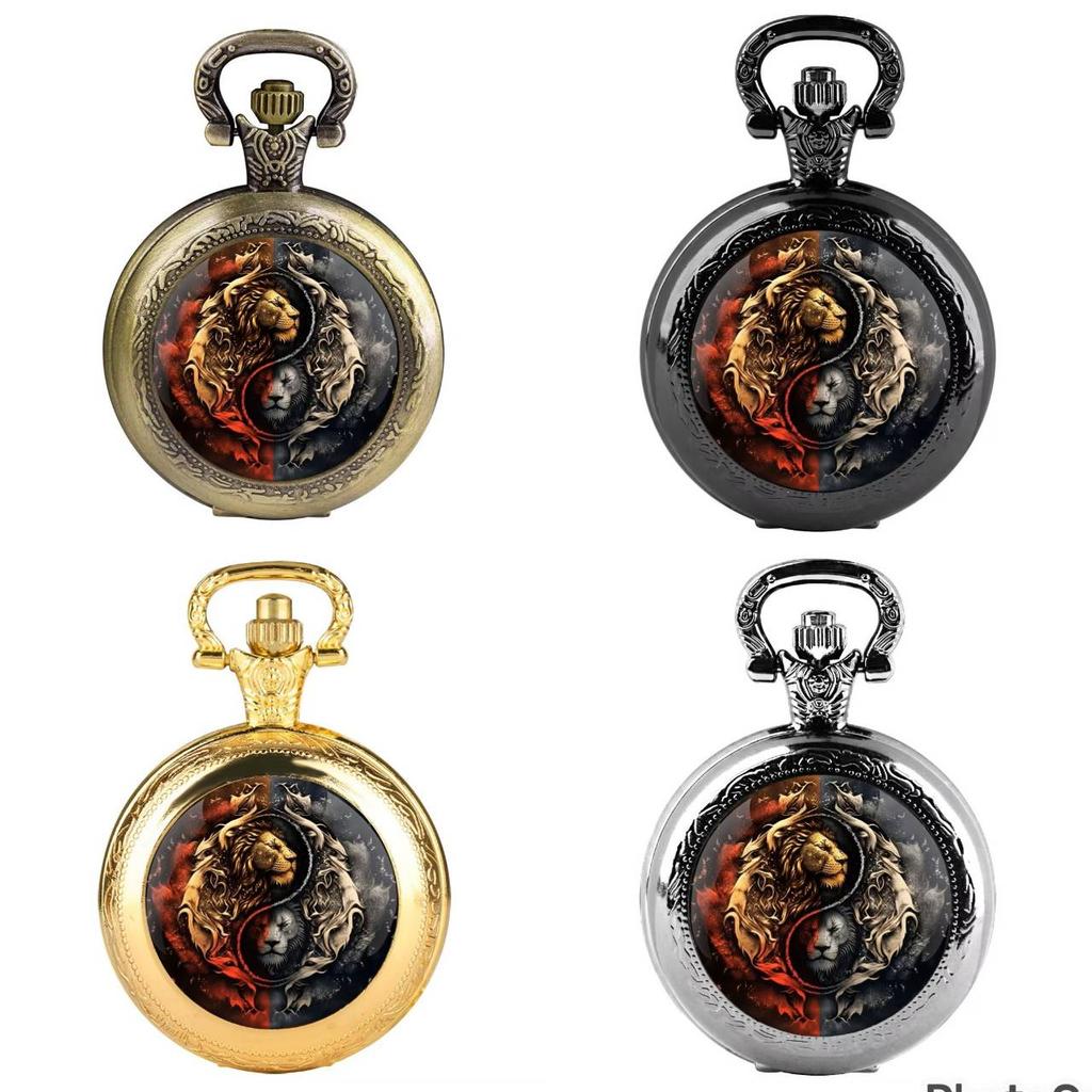 Vintage Retro Løve Leo Zodiak Astrologi Kinesisk Yinyang Kvarts Unisex Menn Kvinner Lommeur Kvarts Halskjede Anheng Klokke Kjede Klassisk Skive
