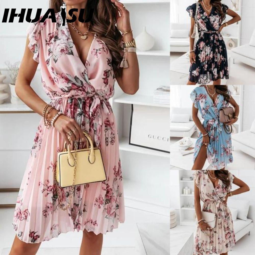 IHUASU Loose Summer Pleated Women Midi Dress V Neck High Waist Casual Dress