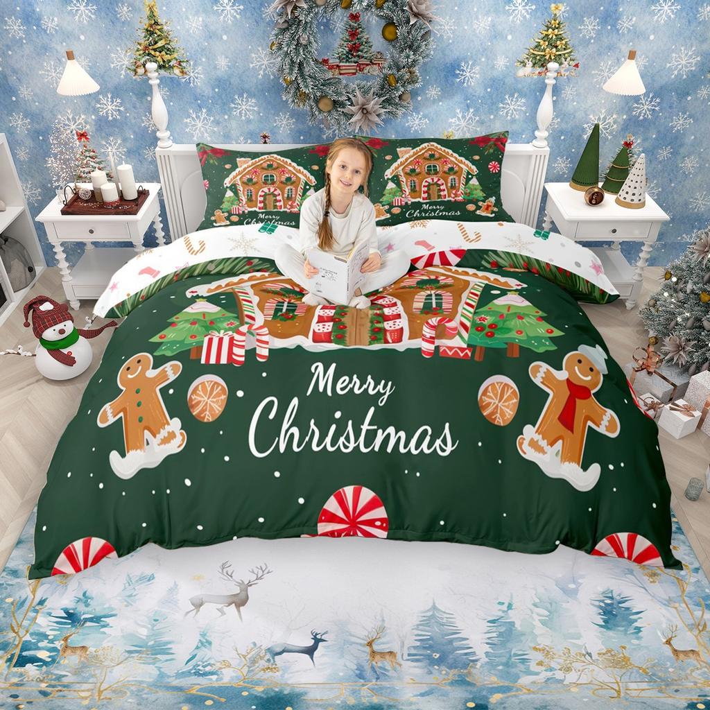 Homewish Kawaii Lebkuchen Bettbezug-Set für Mädchen Jungen, Weihnachtsbaum Weihnachtsmann Bettdeckenbezug-Set, Schneeflocken Bettwäsche-Set