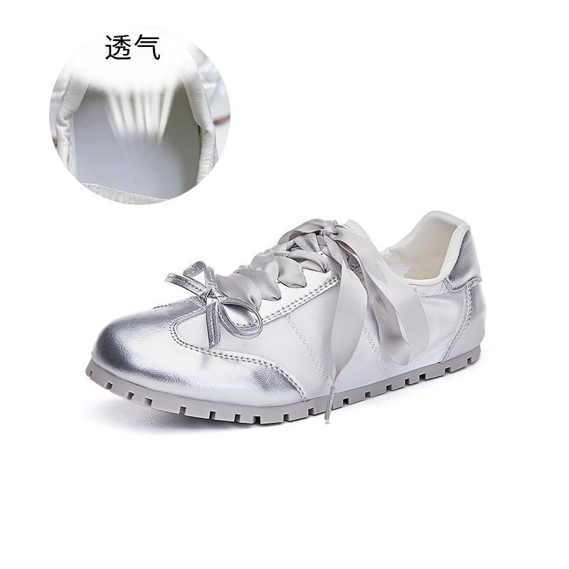 Leather German Training Shoes 2025 Summer New Flat-bottomed Sports Bow Ballet Women's Shoes Casual Versatile White Shoes Women