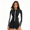Long Sleeve Color Block Swimsuit Women's Conservative Sunscreen Surfsuit Boxer Tight Swimsuit