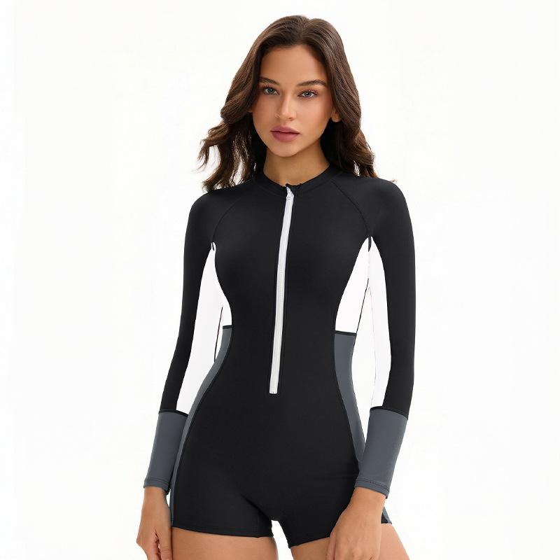 Long Sleeve Color Block Swimsuit Women's Conservative Sunscreen Surfsuit Boxer Tight Swimsuit
