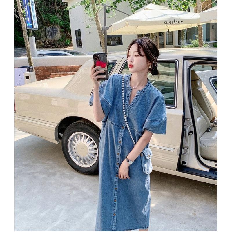 Vintage Hong Kong Style Denim Dress for Women Summer Thin Fabric High End Sense Loose Casual Straight Long Dress