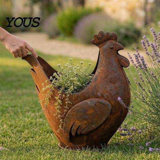 Country Style Home Garden Accents Rustic Rooster Ornament, Weather Resistant Flowerpot, Metal Sculpture Statues for Outdoor Yard Lawn Decor,