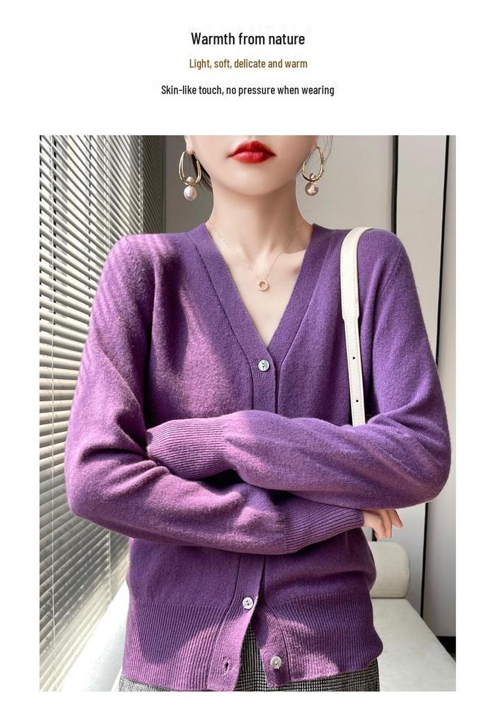 Elegant Merino Wool V-Neck Cardigan - Women's Lightweight Autumn Sweater