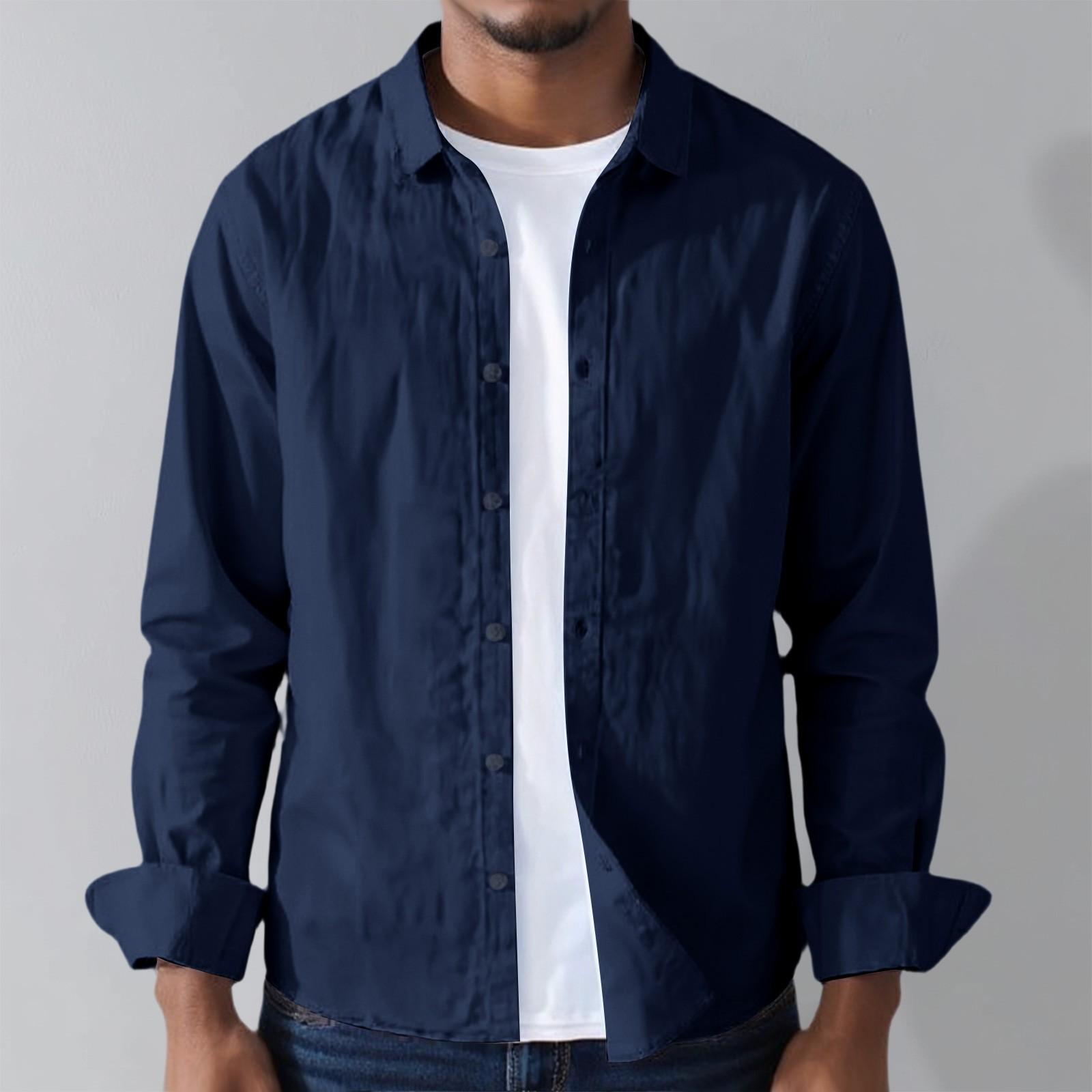 

Мужская однотонная рубашка, повседневный воротник, с длинными рукавами и льняная рубашка L тёмно-синий