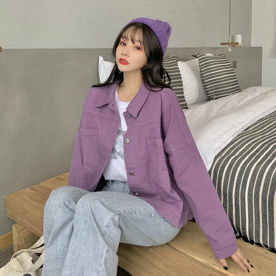 Új Lila Farmerdzseki Női Rövid Laza Vintage Retro Alkalmi Dzseki Felső Ins Divat